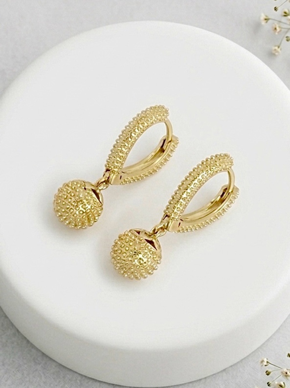 14K Gold Plated Textured Spiked Ball Pendant Hoop Earrings | Drop Dangle Boho